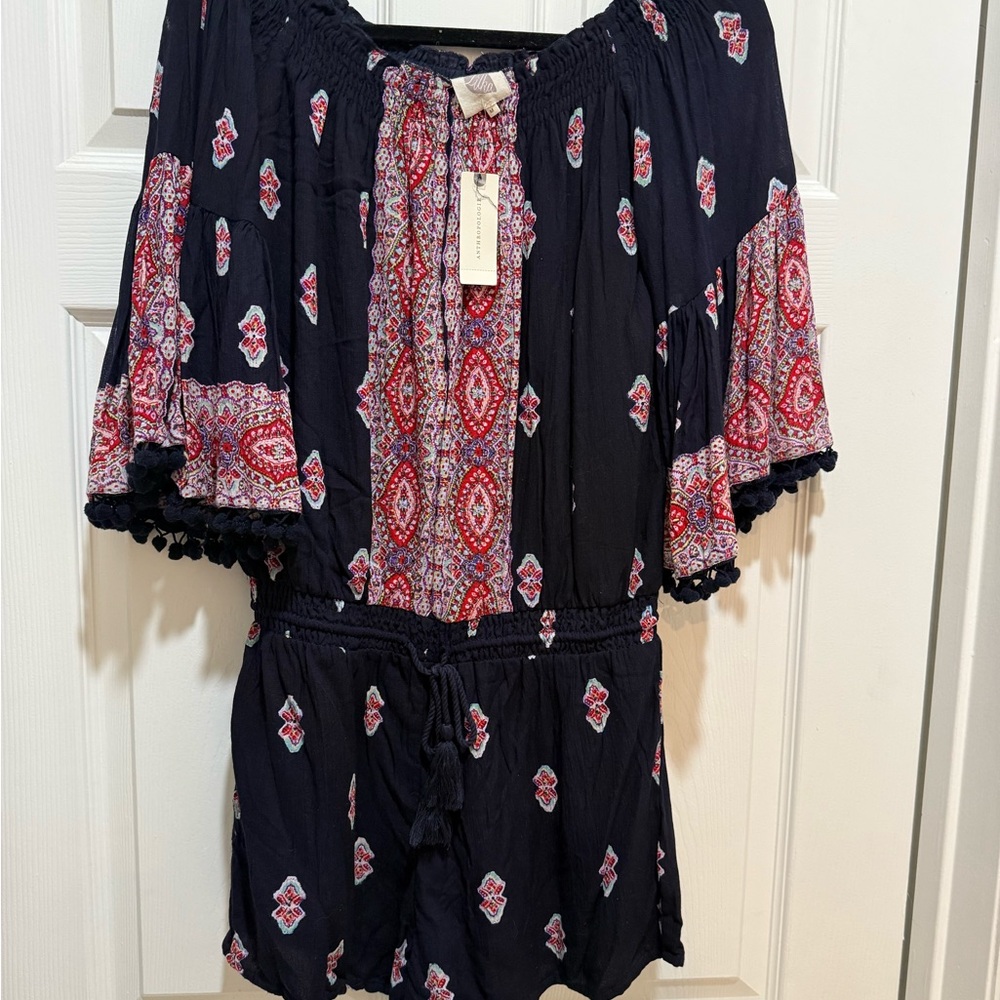Anthropologie Navy Romper with Red & White Paisley Print